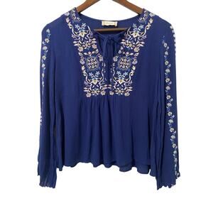 Altar’d State Blue Floral Embroidered Tie Neck Boho Blouse Womens Size S